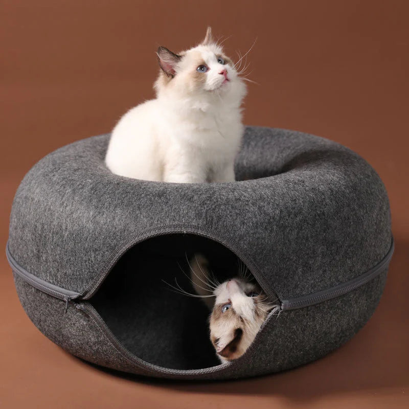 Cozy Donut Cat Bed & Interactive Tunnel Toy - Dual-Use Indoor Fun for Kittens!